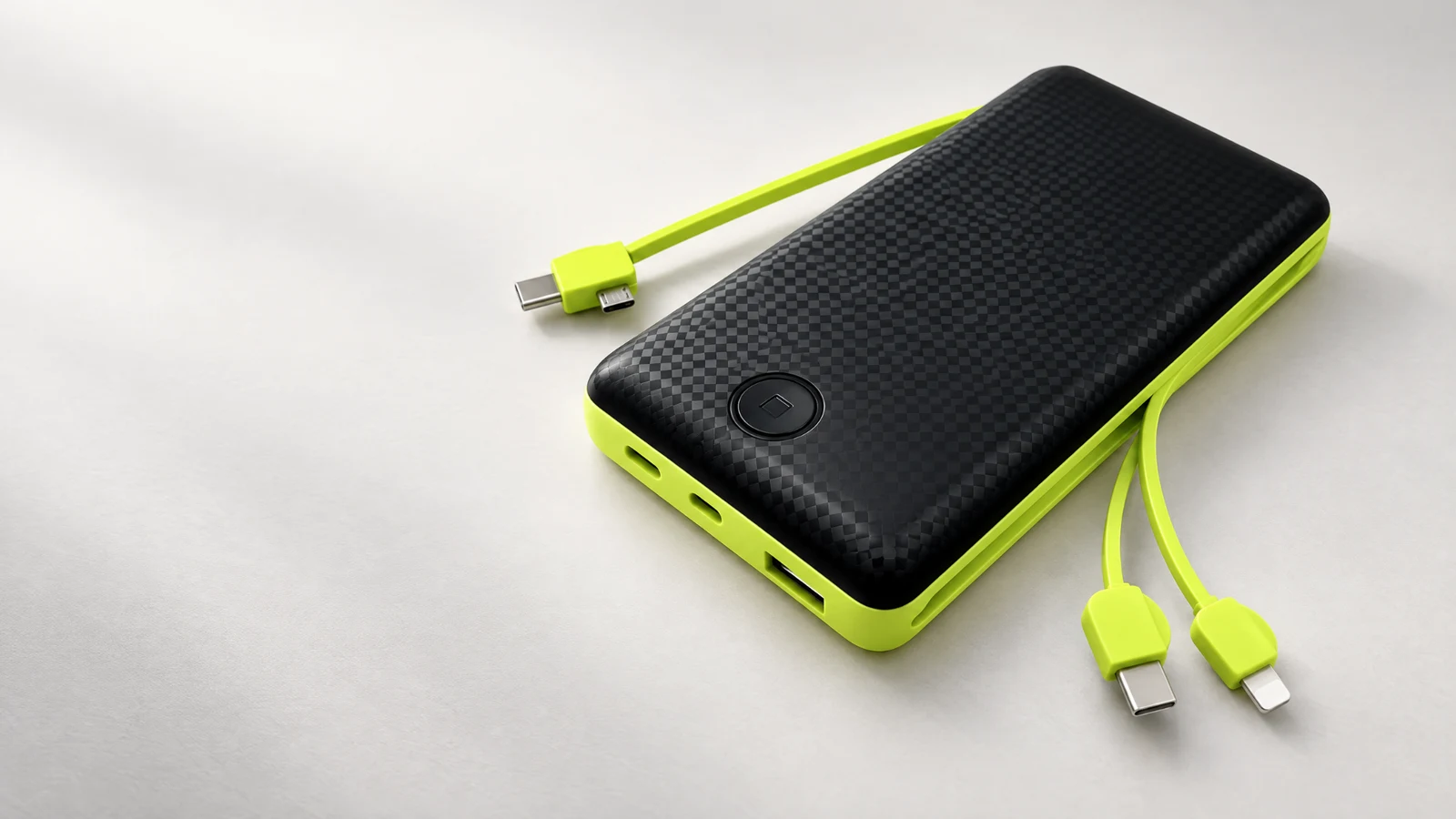 VoltGo, power bank preto e verde com cabos embutidos